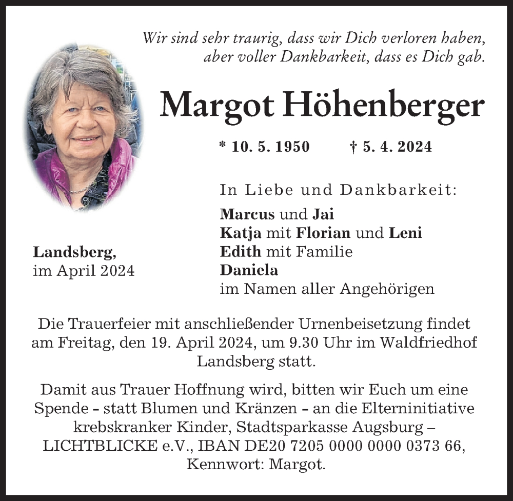 Traueranzeige von Margot Höhenberger von Landsberger Tagblatt