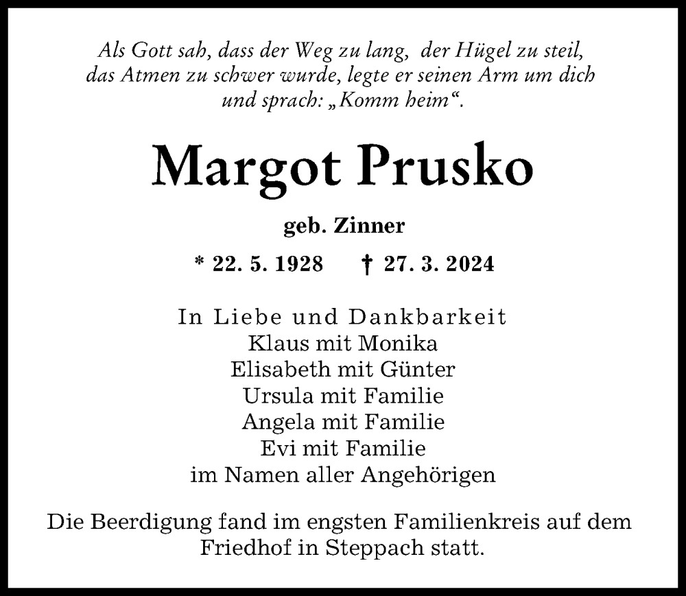 Traueranzeige von Margot Prusko von Augsburger Allgemeine