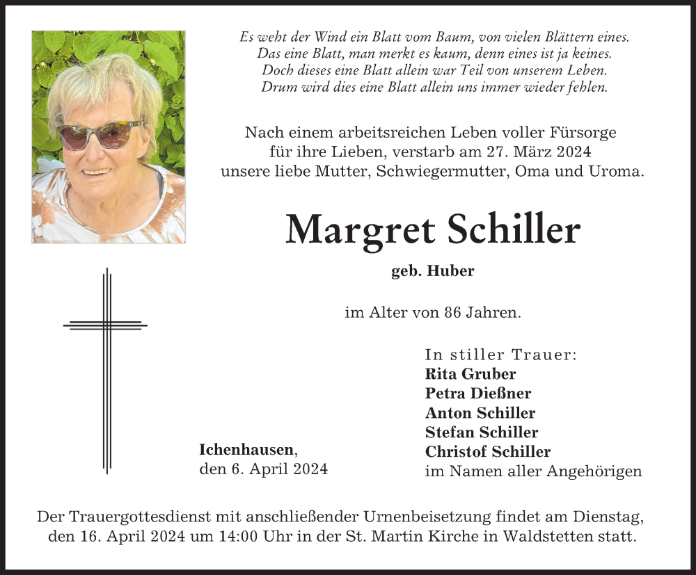 Traueranzeige von Margret Schiller von Günzburger Zeitung