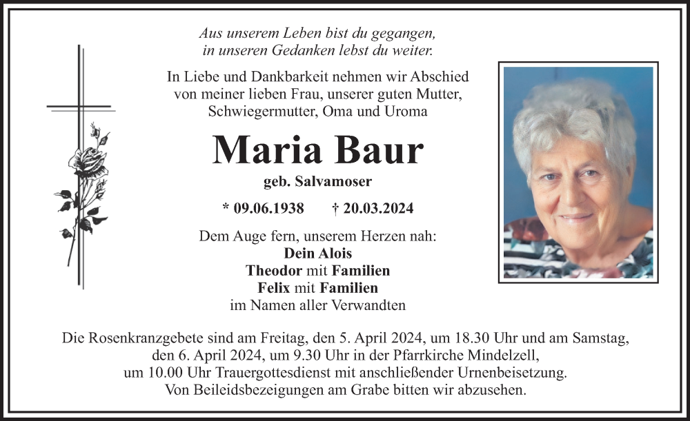Traueranzeige von Maria Baur von Mittelschwäbische Nachrichten