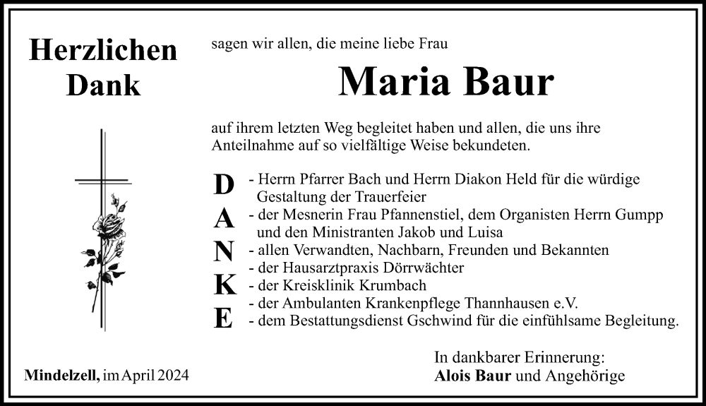 Traueranzeige von Maria Baur von Mittelschwäbische Nachrichten