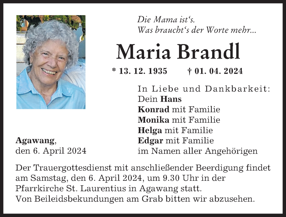 Traueranzeige von Maria Brandl von Augsburg-Land