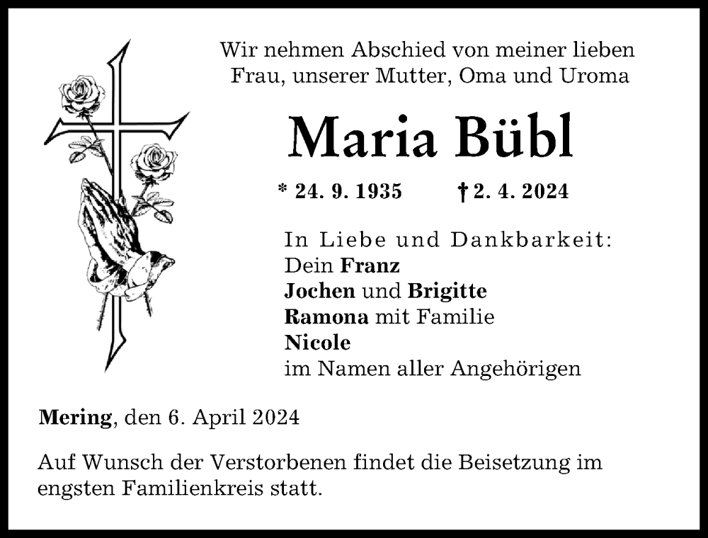 Traueranzeige von Maria Bübl von Friedberger Allgemeine