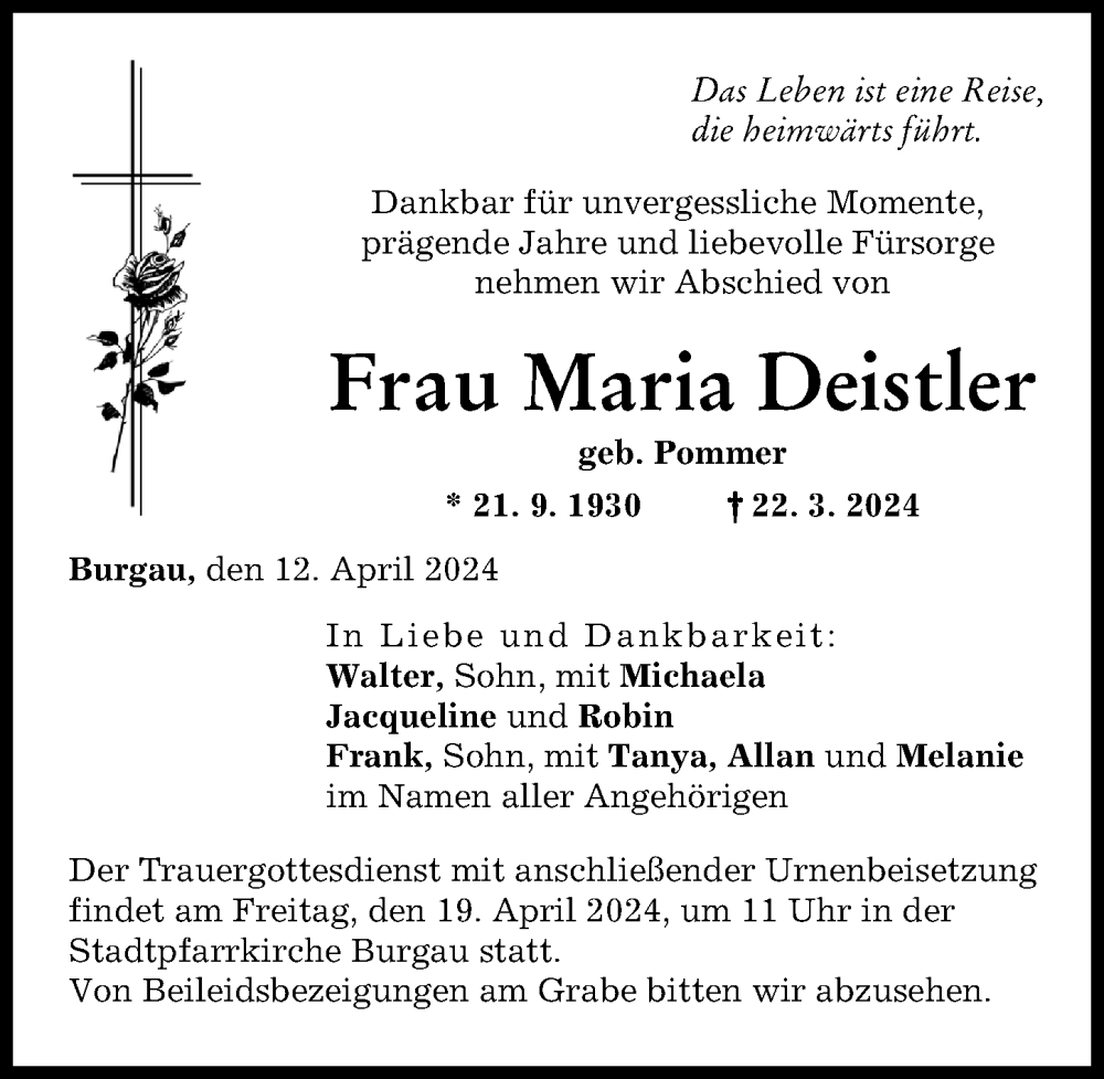 Traueranzeige von Maria Deistler von Günzburger Zeitung