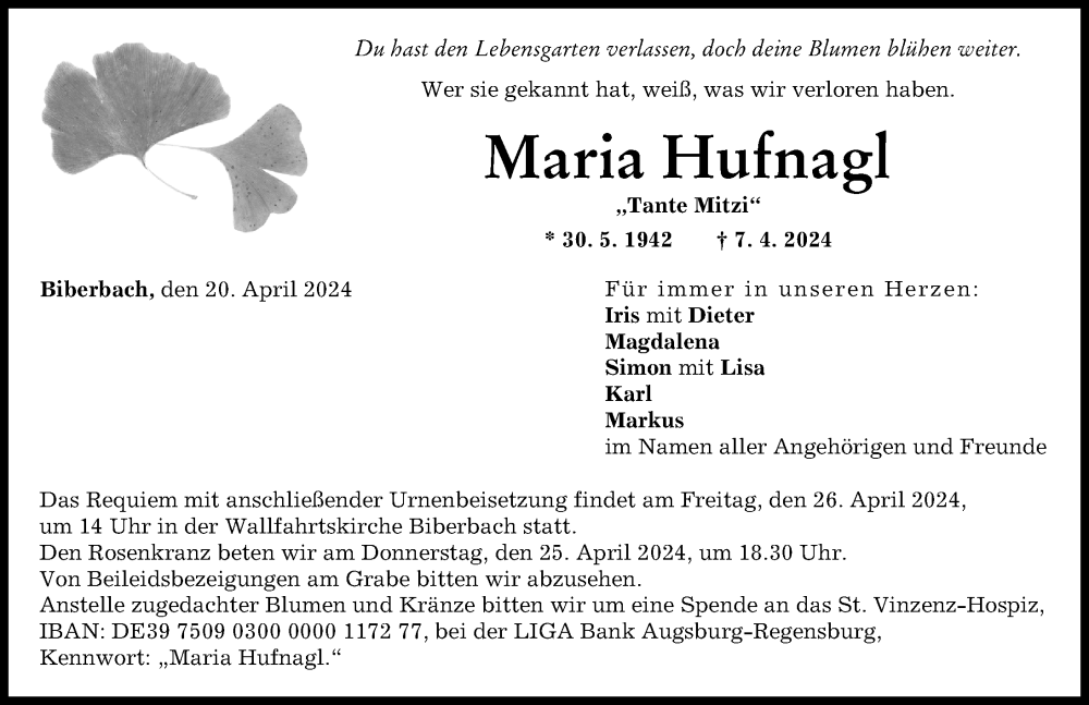 Traueranzeige von Maria Hufnagl von Augsburg-Land