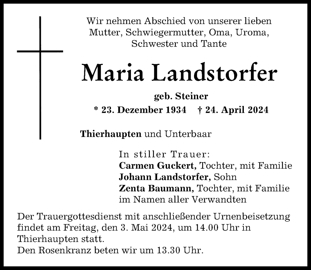 Traueranzeige von Maria Landstorfer von Augsburg-Land