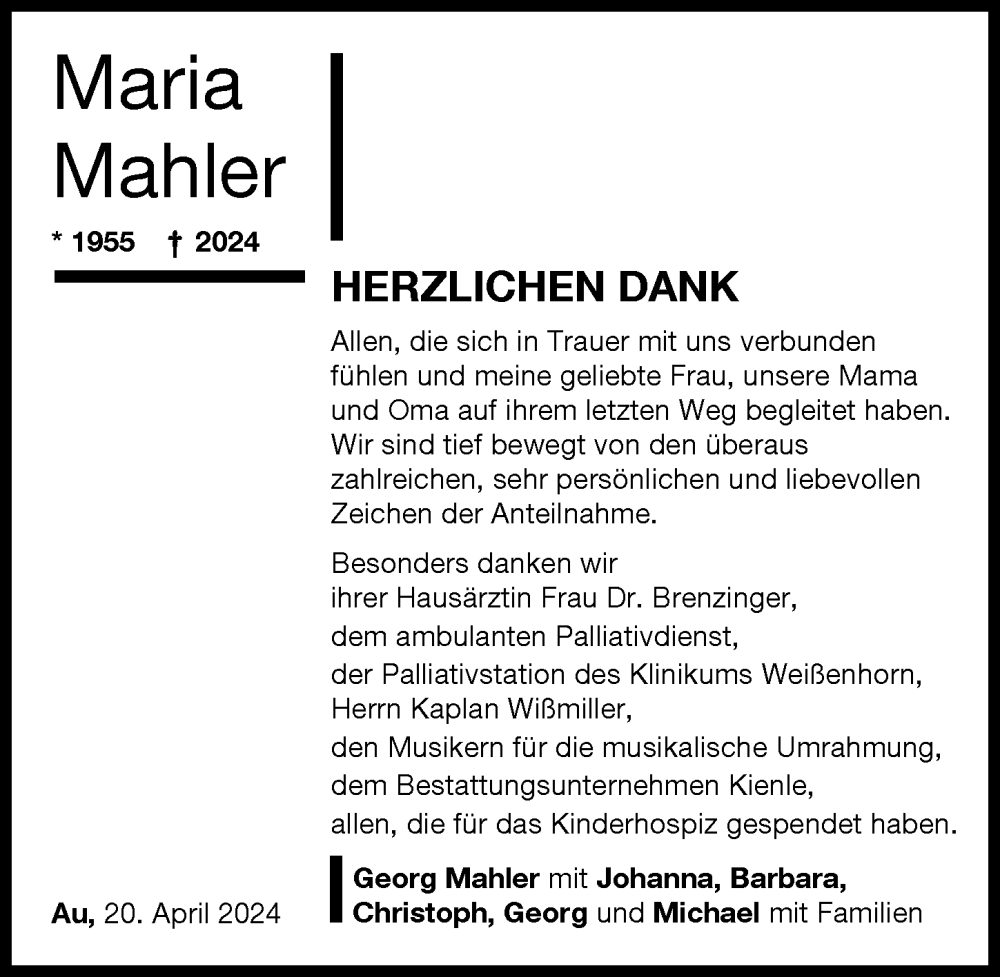 Traueranzeige von Maria Mahler von Illertisser Zeitung