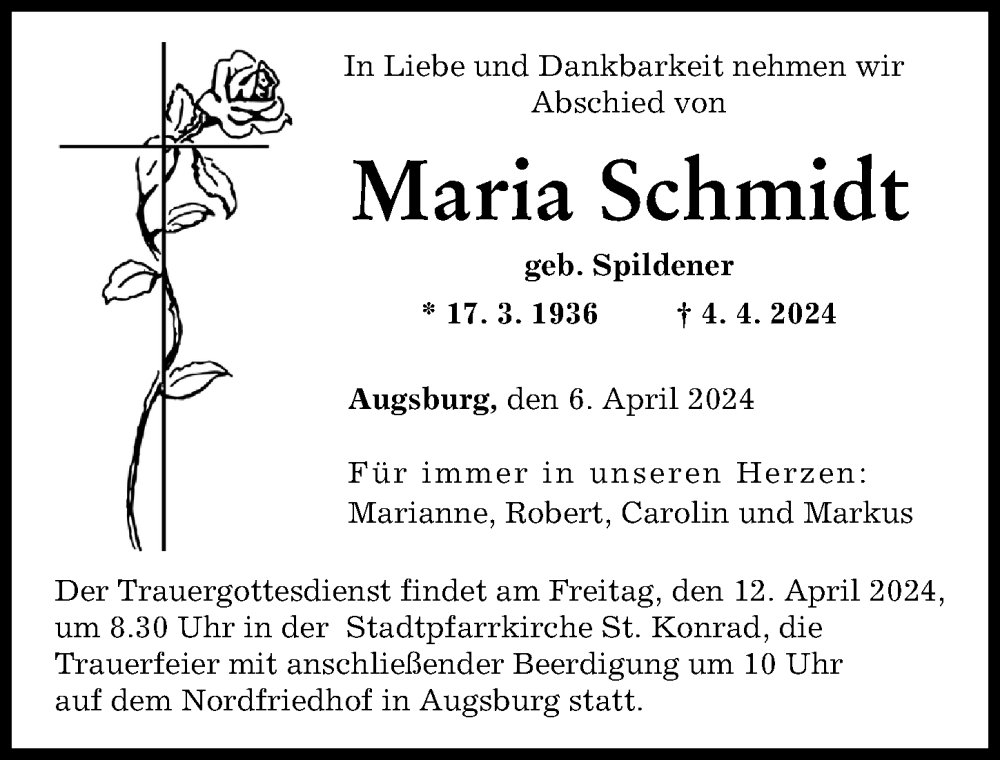 Traueranzeige von Maria Schmidt von Augsburger Allgemeine