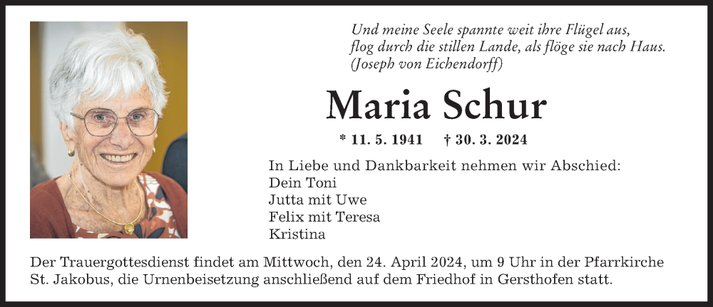 Traueranzeige von Maria Schur von Augsburger Allgemeine