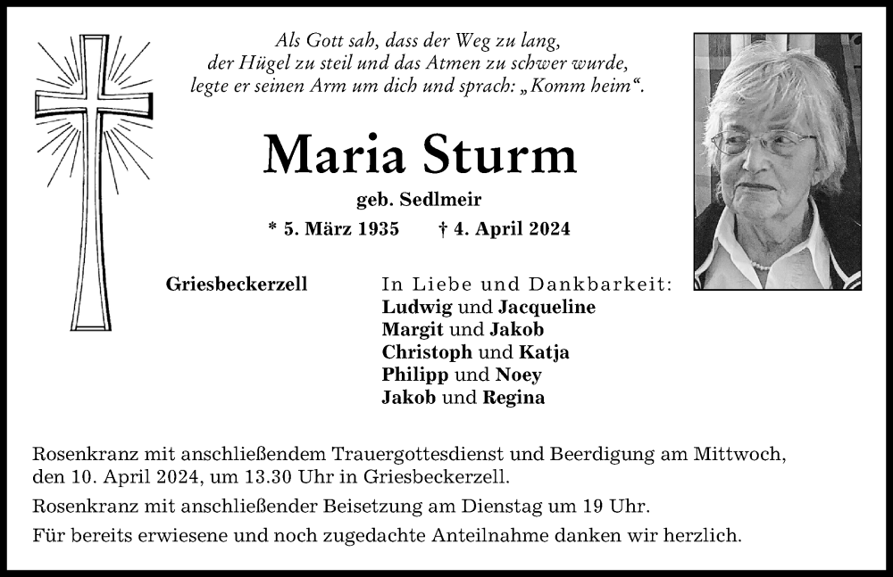 Traueranzeige von Maria Sturm von Aichacher Nachrichten