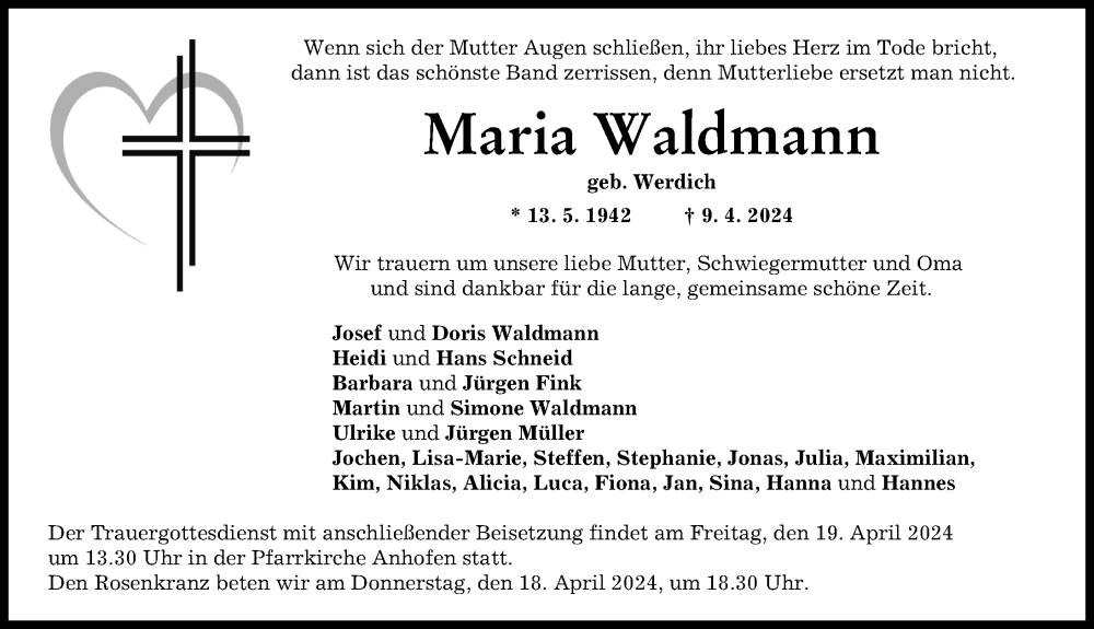 Traueranzeige von Maria Waldmann von Günzburger Zeitung