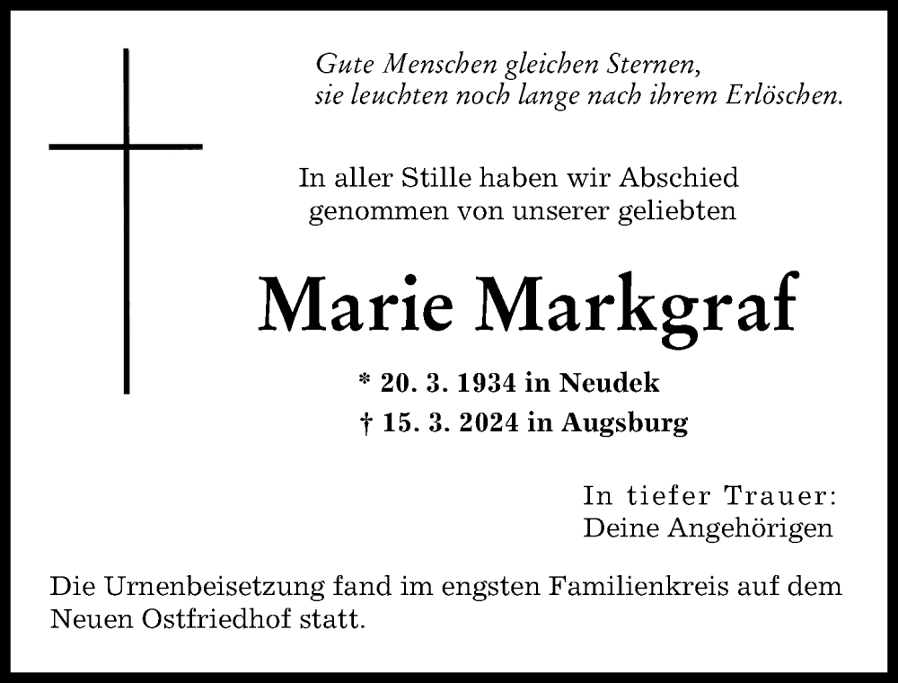 Traueranzeige von Marie Markgraf von Augsburger Allgemeine