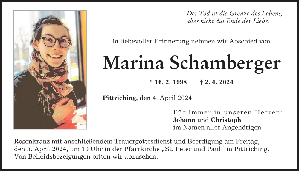 Traueranzeige für Marina Schamberger vom 04.04.2024 aus Landsberger Tagblatt