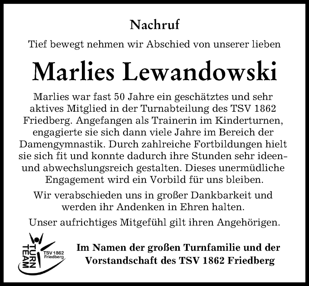 Traueranzeige von Marlies Lewandowski von Friedberger Allgemeine