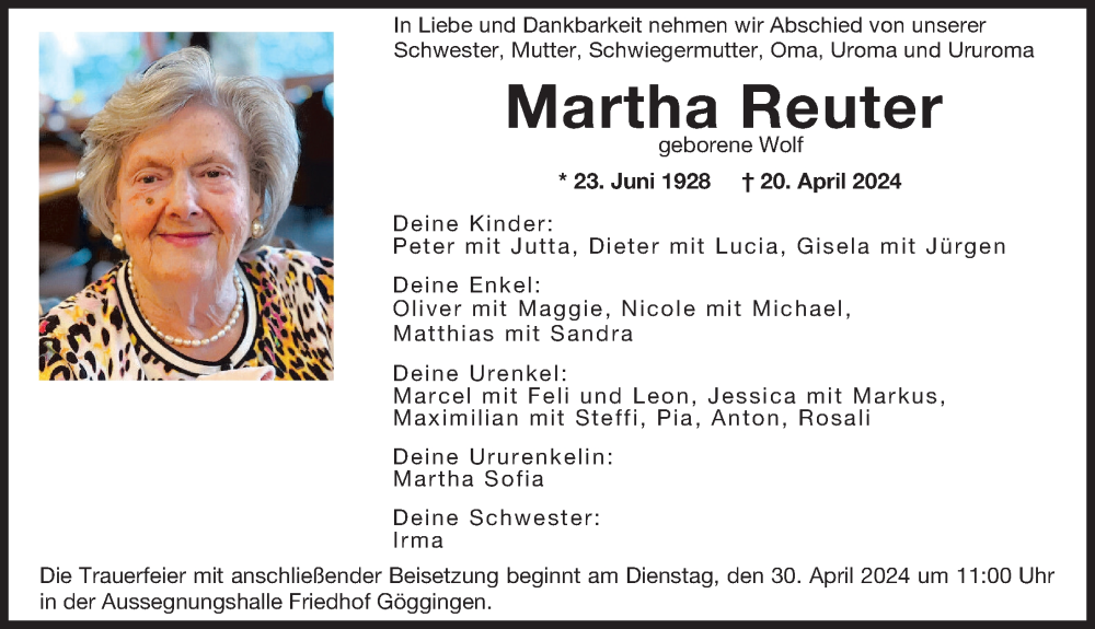 Traueranzeige von Martha Reuter von Augsburger Allgemeine
