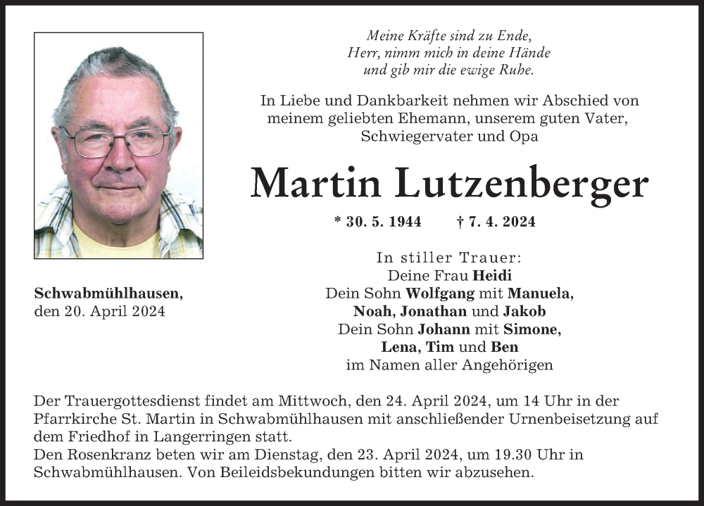  Traueranzeige für Martin Lutzenberger vom 20.04.2024 aus Schwabmünchner Allgemeine