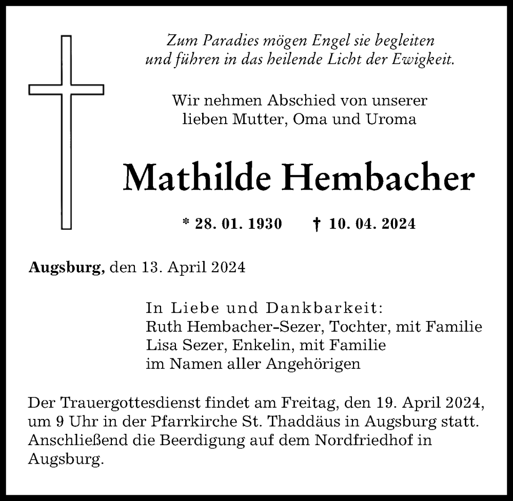 Traueranzeige von Mathilde Hembacher von Augsburger Allgemeine