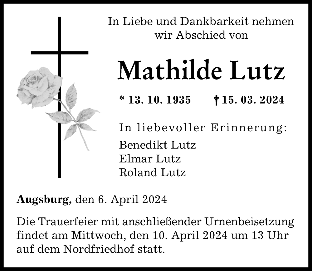 Traueranzeige von Mathilde Lutz von Augsburger Allgemeine