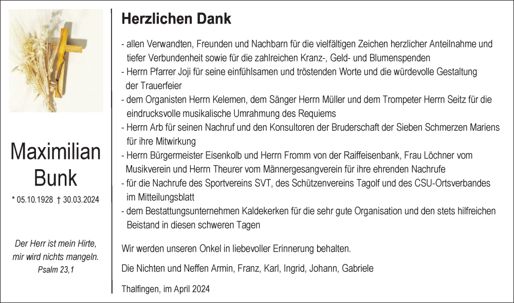 Traueranzeige von Maximilian Bunk von Augsburger Allgemeine, Neu-Ulmer Zeitung