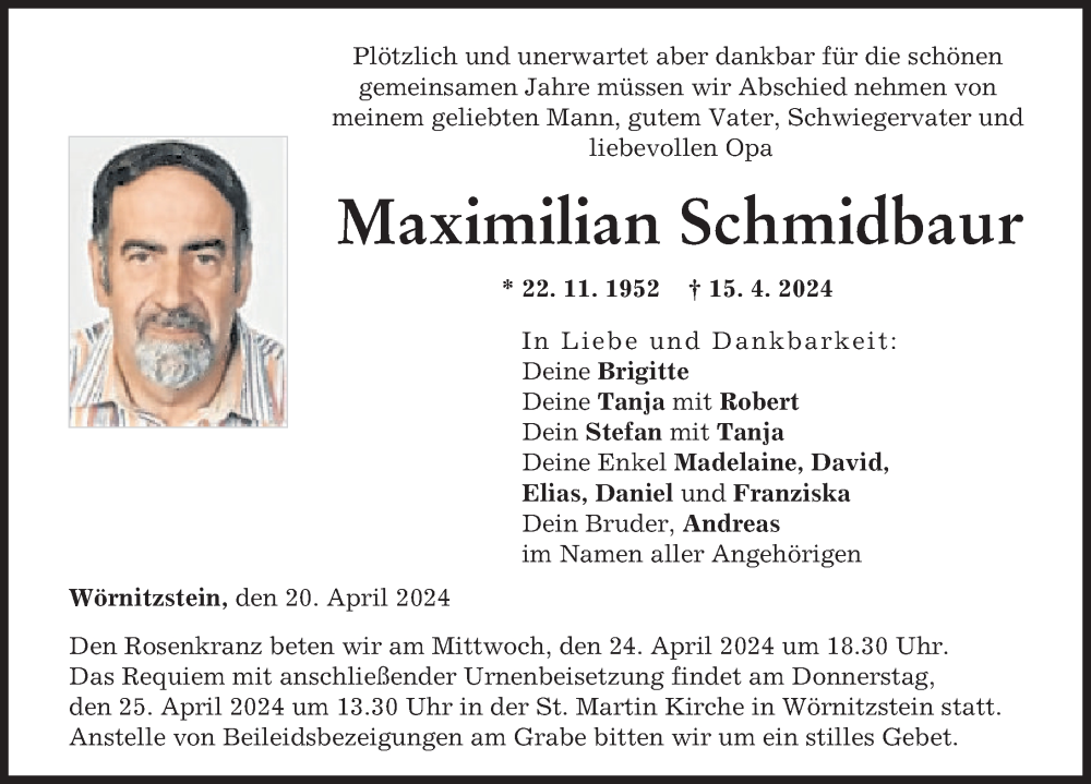 Traueranzeige von Maximilian Schmidbaur von Donauwörther Zeitung