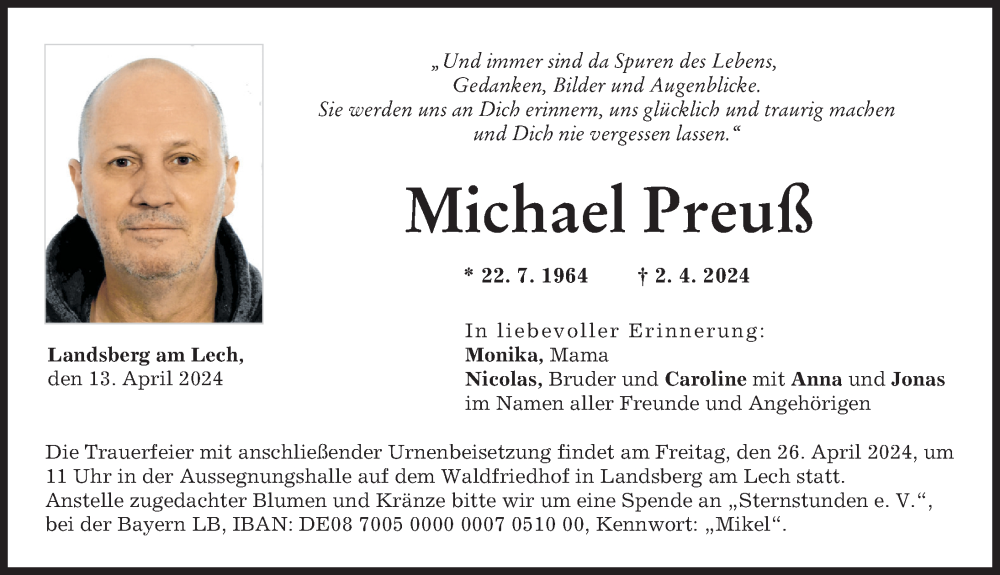  Traueranzeige für Michael Preuß vom 13.04.2024 aus Landsberger Tagblatt