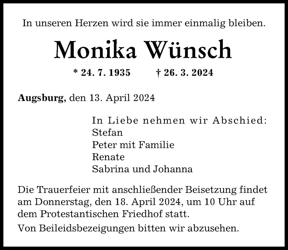 Traueranzeige von Monika Wünsch von Augsburger Allgemeine