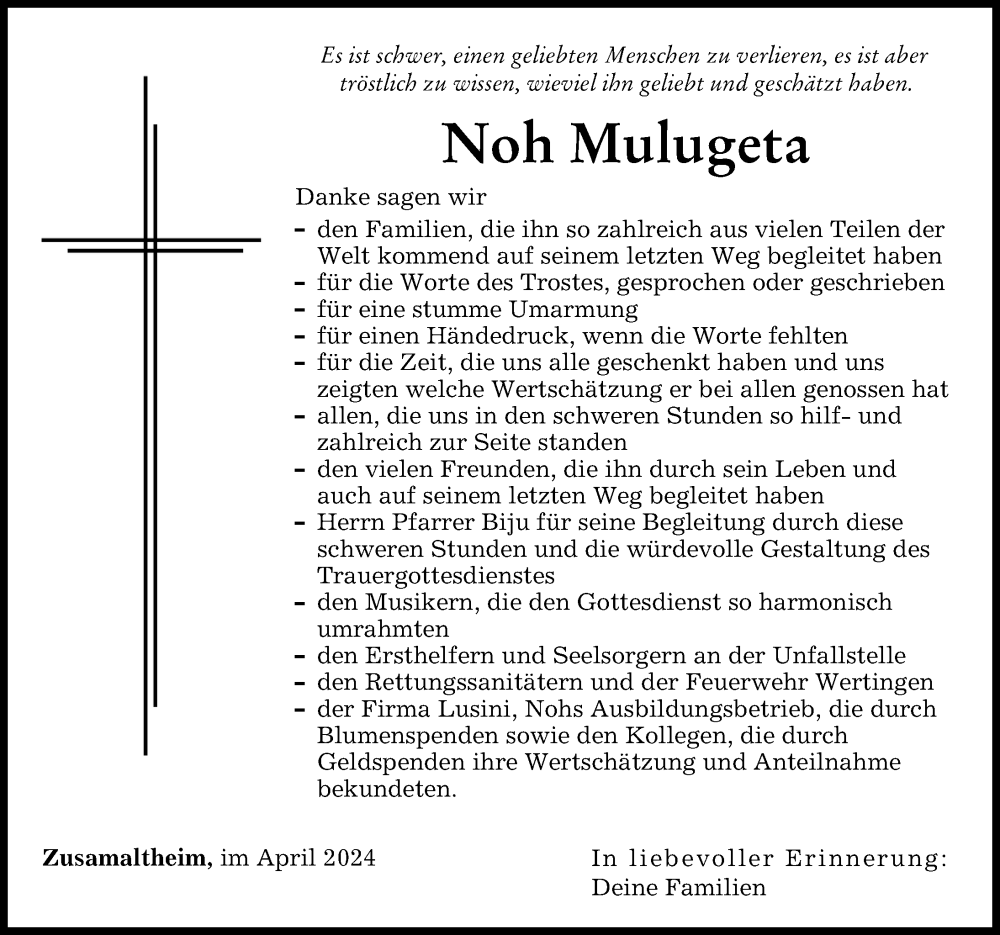 Traueranzeige von Noh Mulugeta von Wertinger Zeitung, Augsburger Allgemeine
