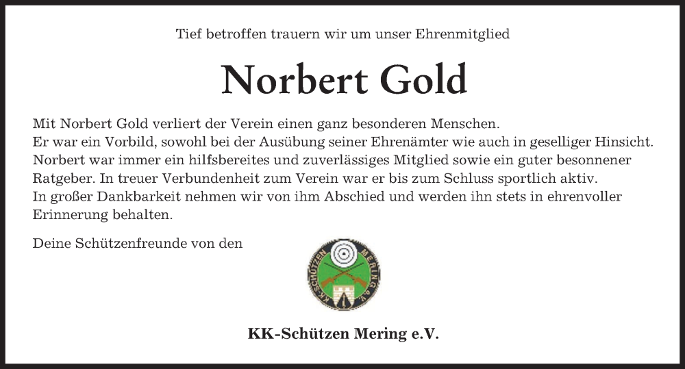 Traueranzeige von Norbert Gold von Friedberger Allgemeine