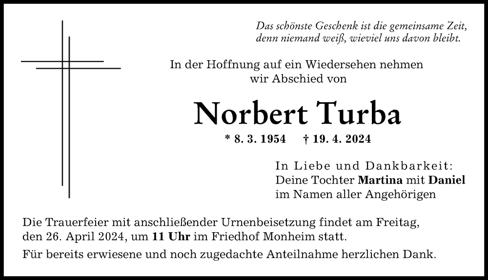 Traueranzeige von Norbert Turba von Donauwörther Zeitung