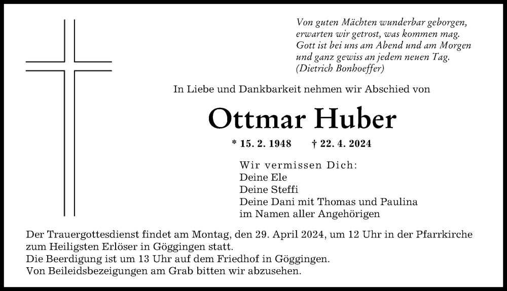 Traueranzeige von Ottmar Huber von Augsburger Allgemeine