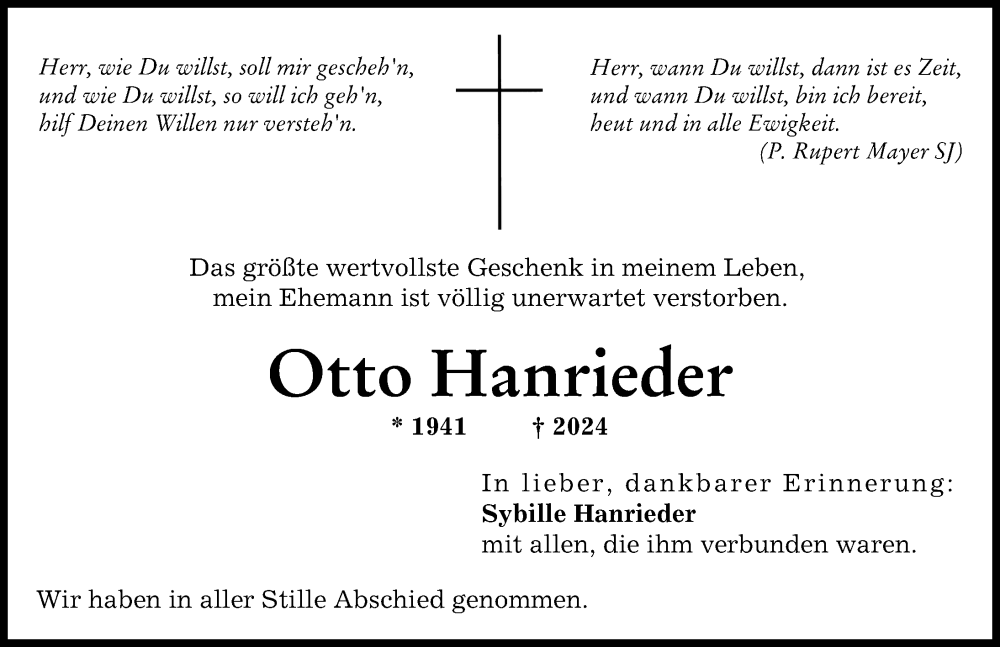 Traueranzeige von Otto Hanrieder von Augsburger Allgemeine, Friedberger Allgemeine