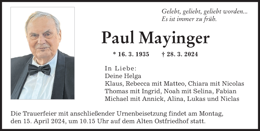  Traueranzeige für Paul Mayinger vom 13.04.2024 aus Augsburger Allgemeine