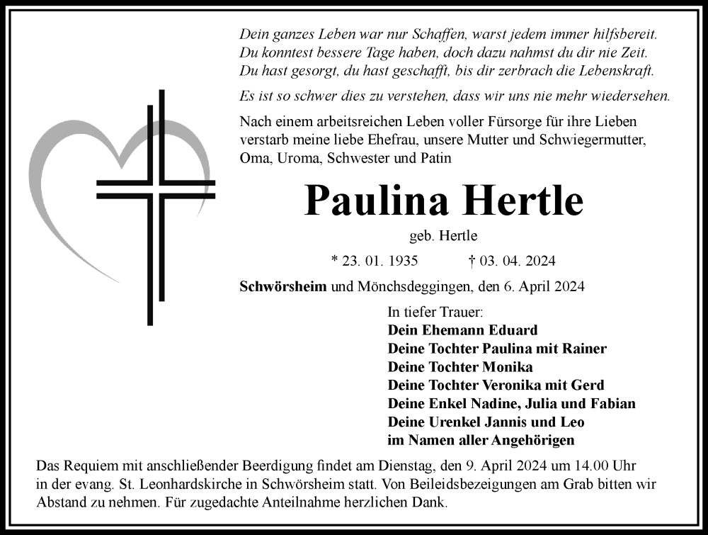  Traueranzeige für Paulina Hertle vom 06.04.2024 aus Rieser Nachrichten