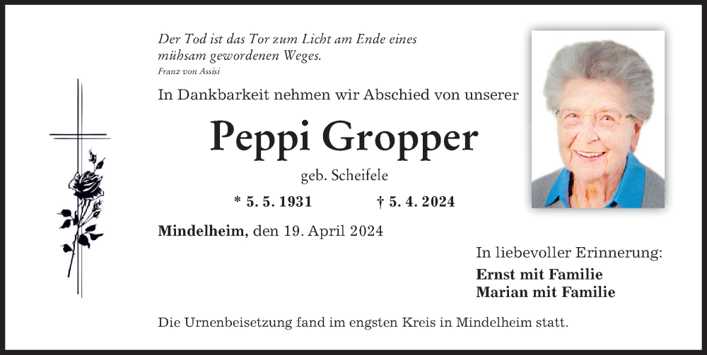 Traueranzeige von Peppi Gropper von Mindelheimer Zeitung