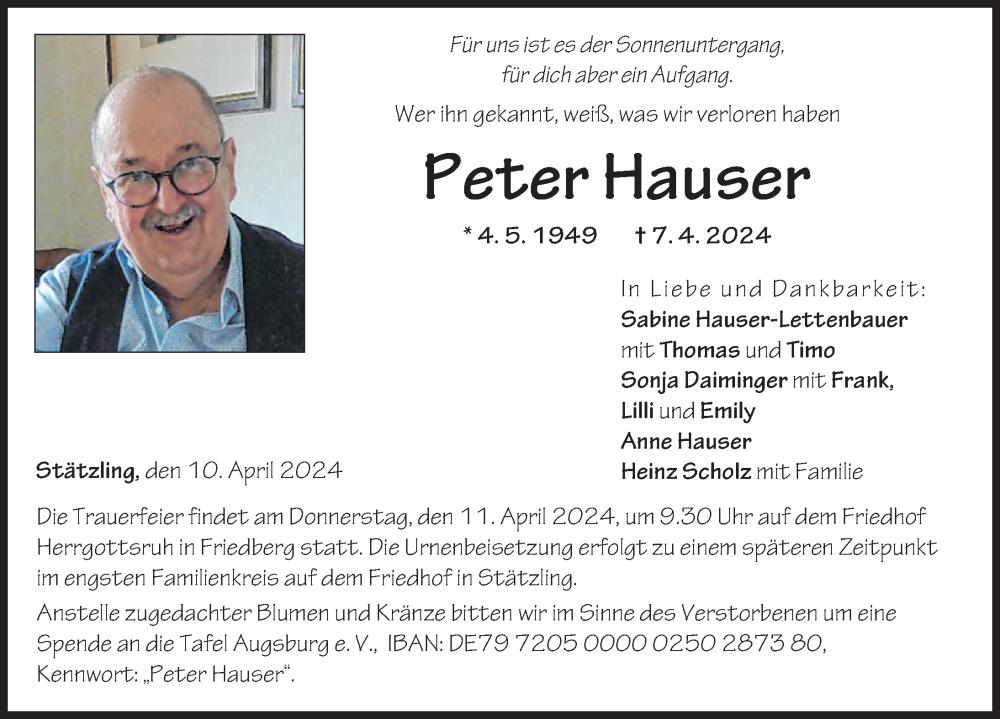 Traueranzeige von Peter Hauser von Friedberger Allgemeine, Augsburger Allgemeine
