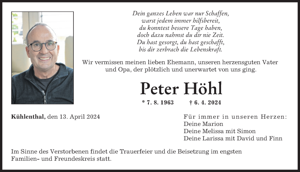  Traueranzeige für Peter Höhl vom 13.04.2024 aus Augsburger Allgemeine