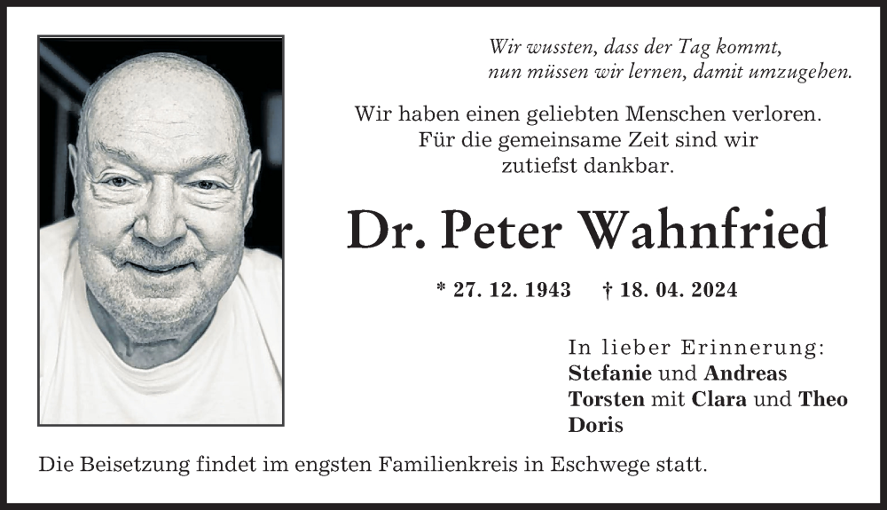 Traueranzeige von Peter Wahnfried von Augsburger Allgemeine, Neu-Ulmer Zeitung