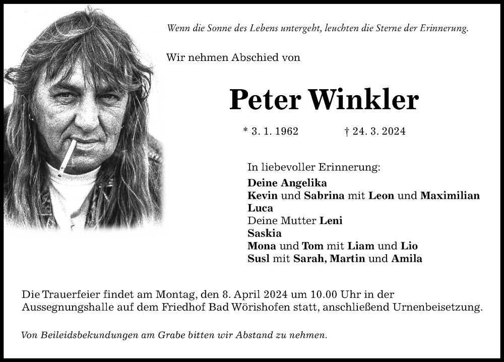  Traueranzeige für Peter Winkler vom 04.04.2024 aus Mindelheimer Zeitung