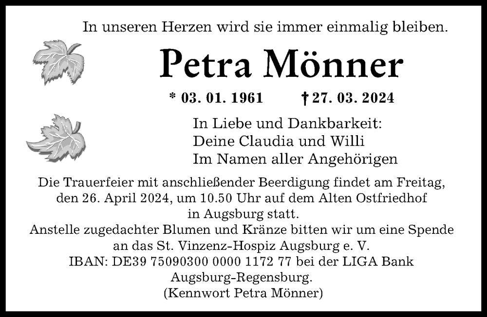 Traueranzeige von Petra Mönner von Rieser Nachrichten, Augsburger Allgemeine