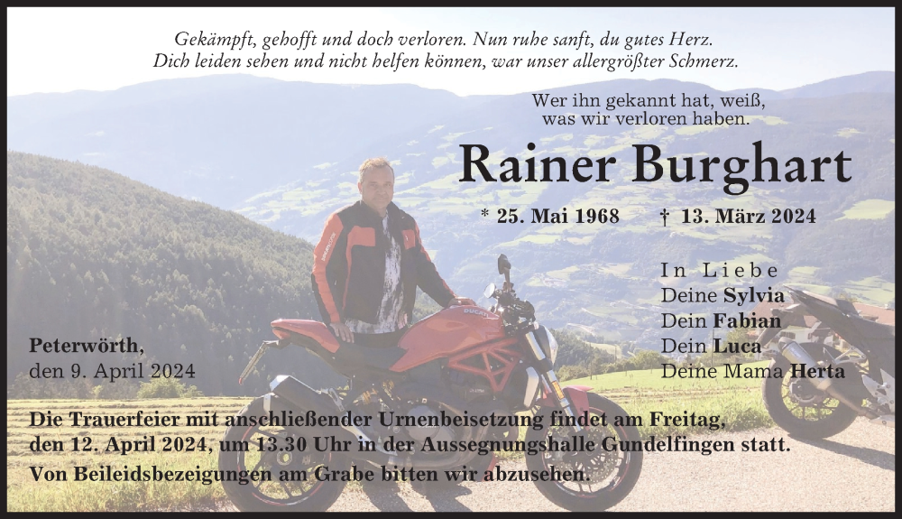  Traueranzeige für Rainer Burghart vom 09.04.2024 aus Donau Zeitung