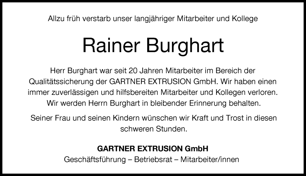 Traueranzeige von Rainer Burghart von Donau Zeitung