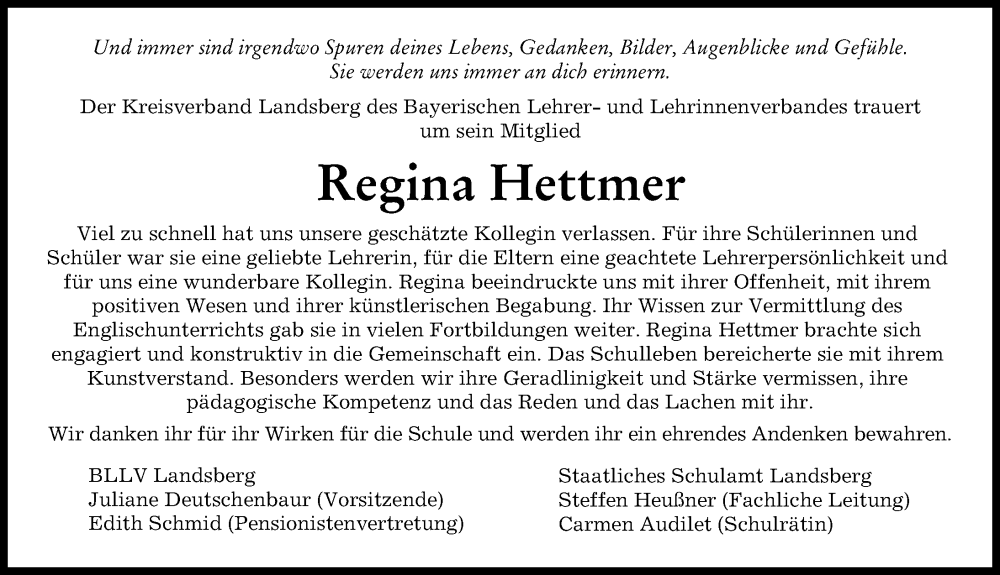 Traueranzeige von Regina Hettmer von Landsberger Tagblatt