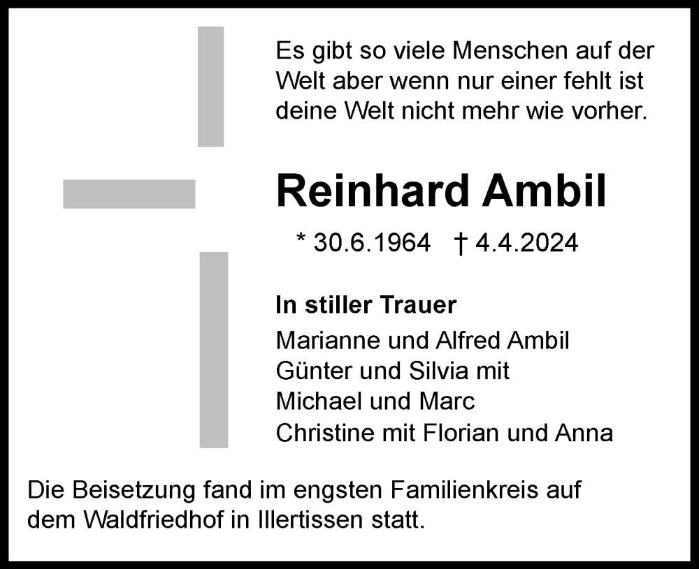  Traueranzeige für Reinhard Ambil vom 16.04.2024 aus Illertisser Zeitung