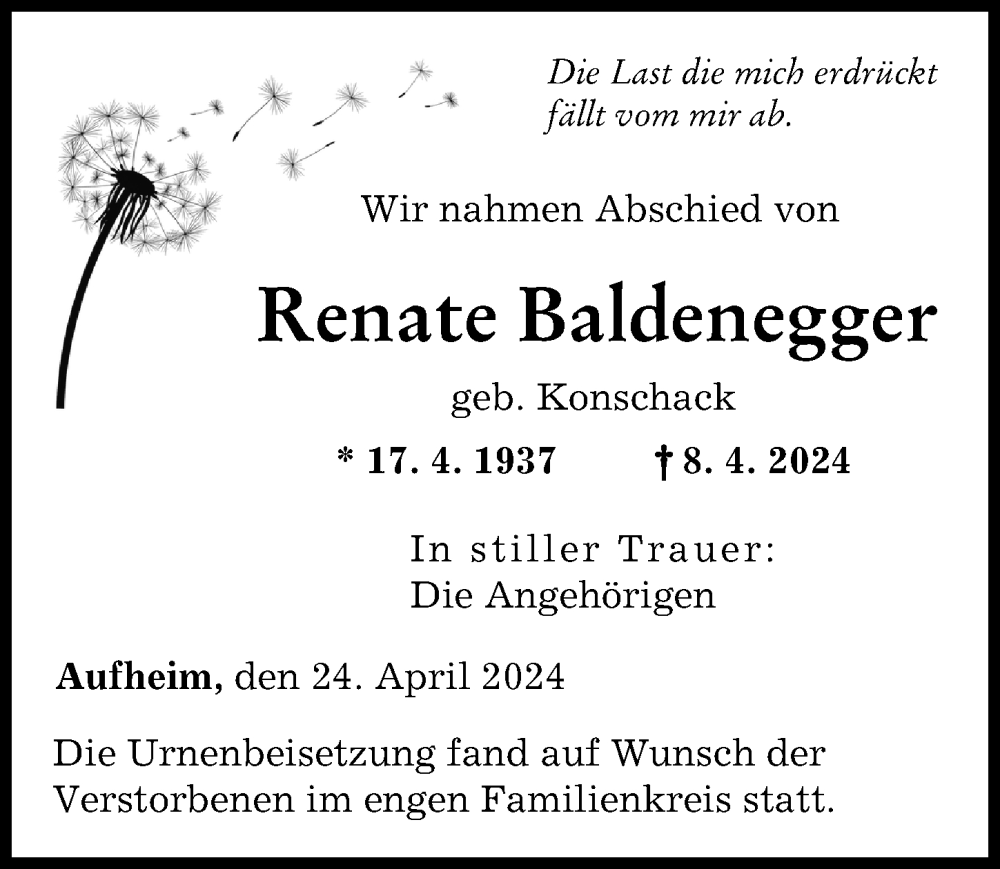 Traueranzeige von Renate Baldenegger von Neu-Ulmer Zeitung
