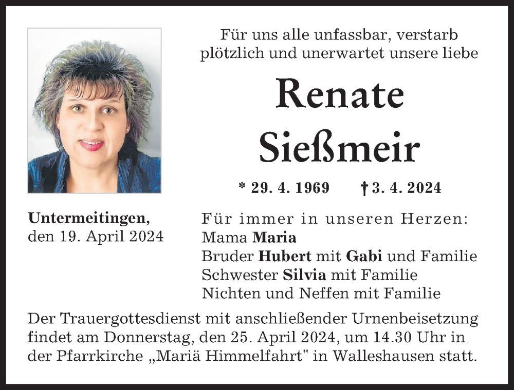 Traueranzeige von Renate Sießmeir von Landsberger Tagblatt, Schwabmünchner Allgemeine