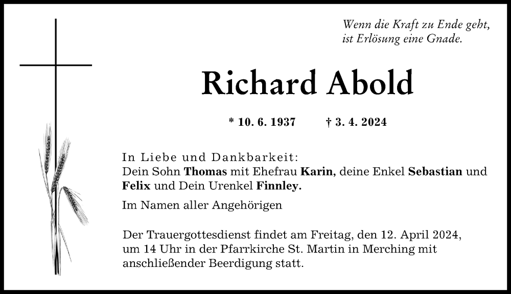 Traueranzeige von Richard Abold von Friedberger Allgemeine