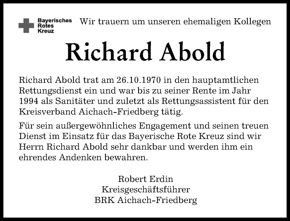 Traueranzeige von Richard Abold von Friedberger Allgemeine