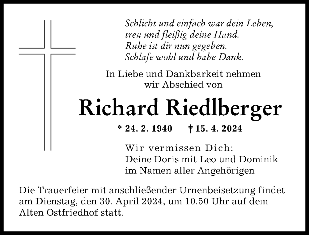 Traueranzeige von Richard Riedlberger von Augsburger Allgemeine