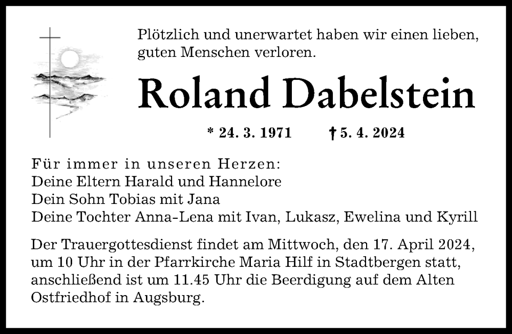  Traueranzeige für Roland Dabelstein vom 13.04.2024 aus Augsburger Allgemeine