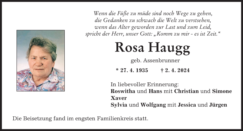 Traueranzeige von Rosa Haugg von Mittelschwäbische Nachrichten
